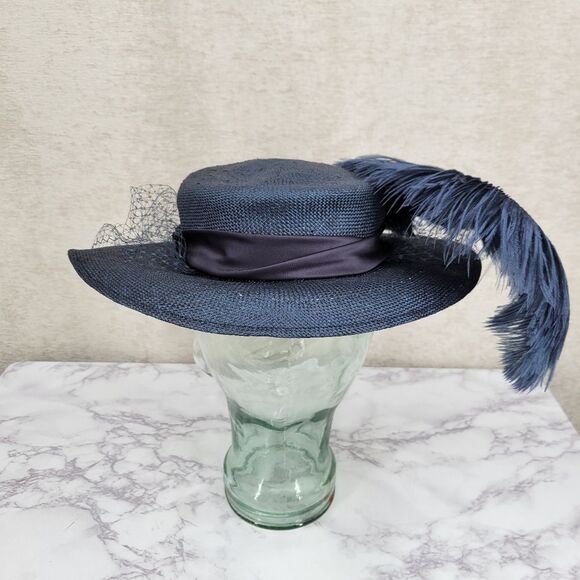 Mr Charles Vintage Navy Feathered Women's Hat With Net Veil Church Derby Straw - Picture 9 of 14